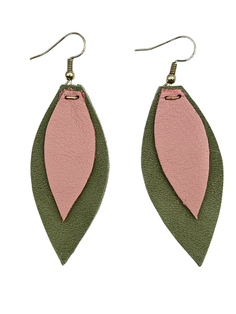 Pink & Light Green Layered Leaf Earrings